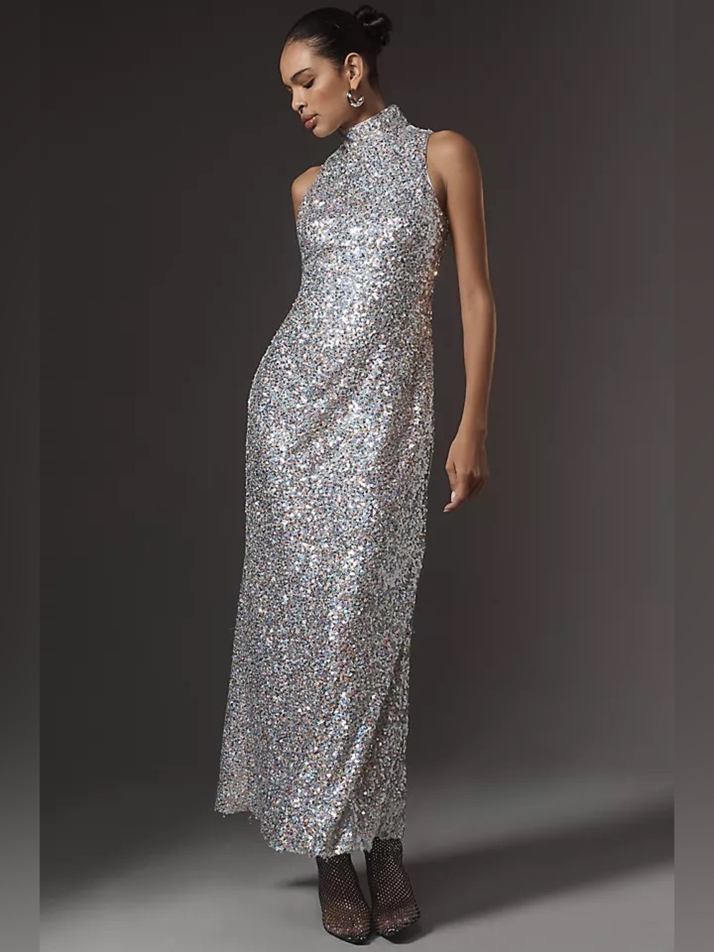 Silver Sequin High-Neck Evening Gown